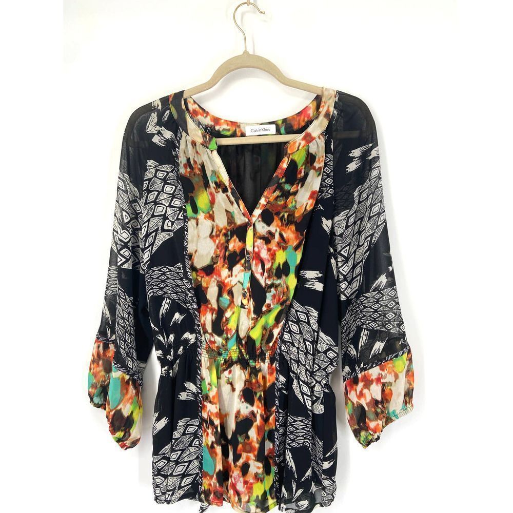 Calvin Klein Multicolor Printed Long Sleeves Smocked Waist Top Large‎ - Picture 5 of 7